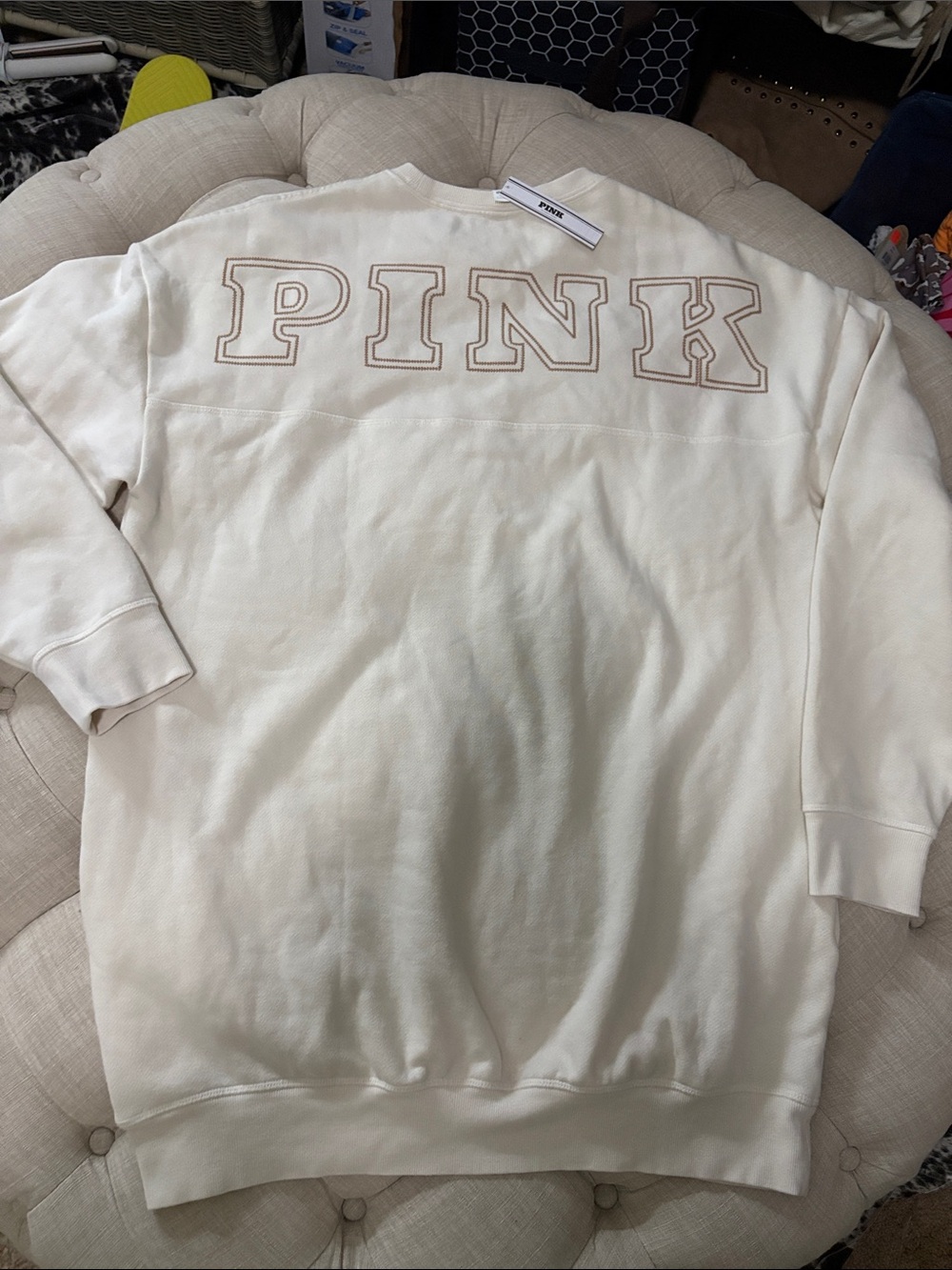 PINK Victoria's Secret Cream Sweatshirt with Tan Embroidered Logo